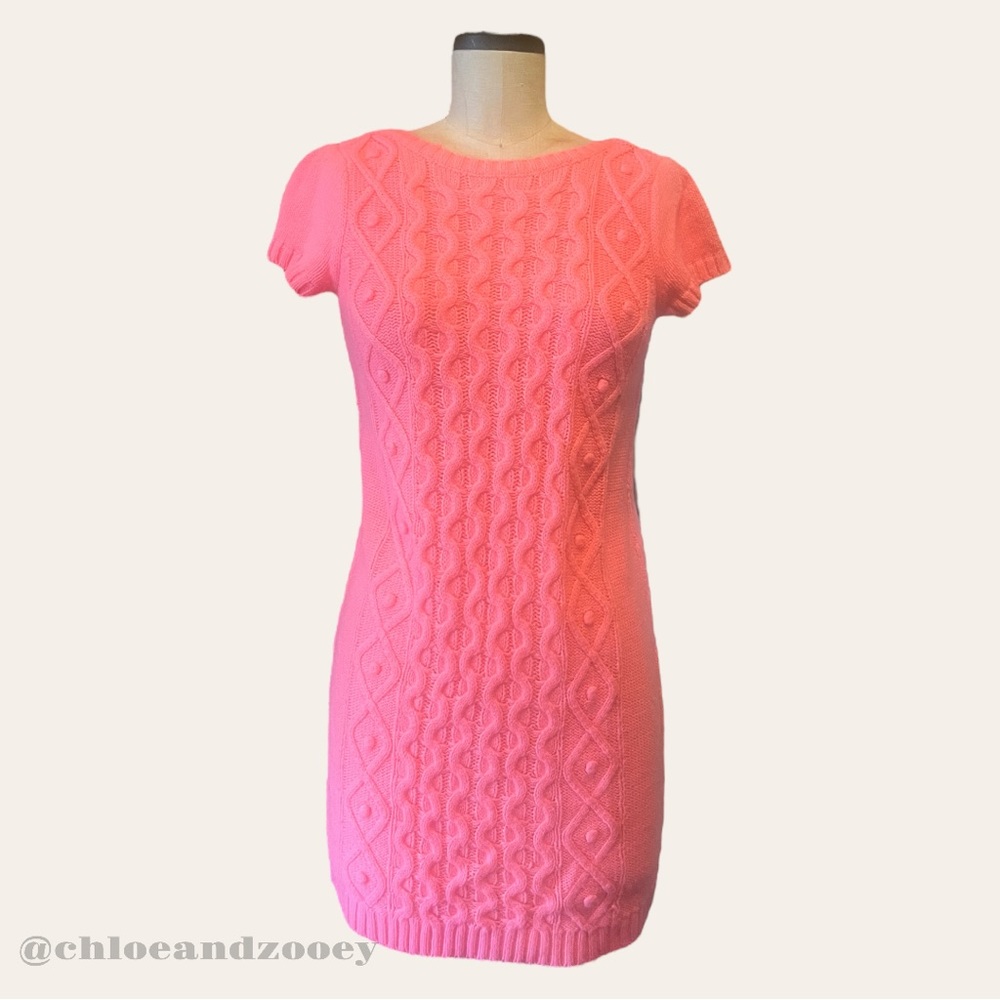 Vintage Knit Sweater Dress 90s Y2K Chunky Cable Salmon Pink Mini Retro Warm Cozy